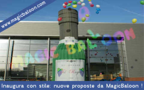 Noleggio e vendita di gonfiabili per rilascio di palloncini bottiglia champagne spumante procecco per rilascio di palloni e palloncini allestimenti addobbi Milano Italia